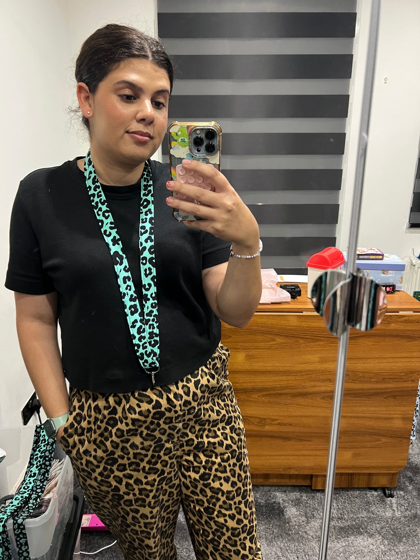 Green Floral Leopard Print Lanyard