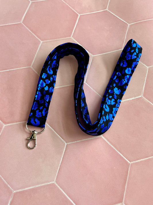 Handmade black and blue foil leopard print lanyard with D-ring for keys and ID badges, small business accessories UK