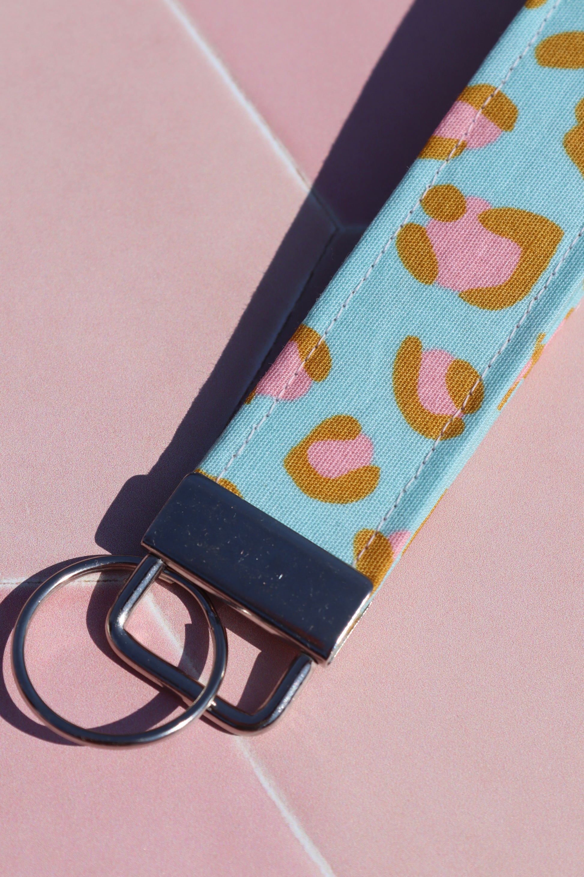 Blue and Pink Leopard Print Wristlet Keychain close up