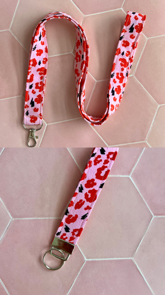 Pink and Red Leopard Print Wristlet Keychain and Lanyard Bundle