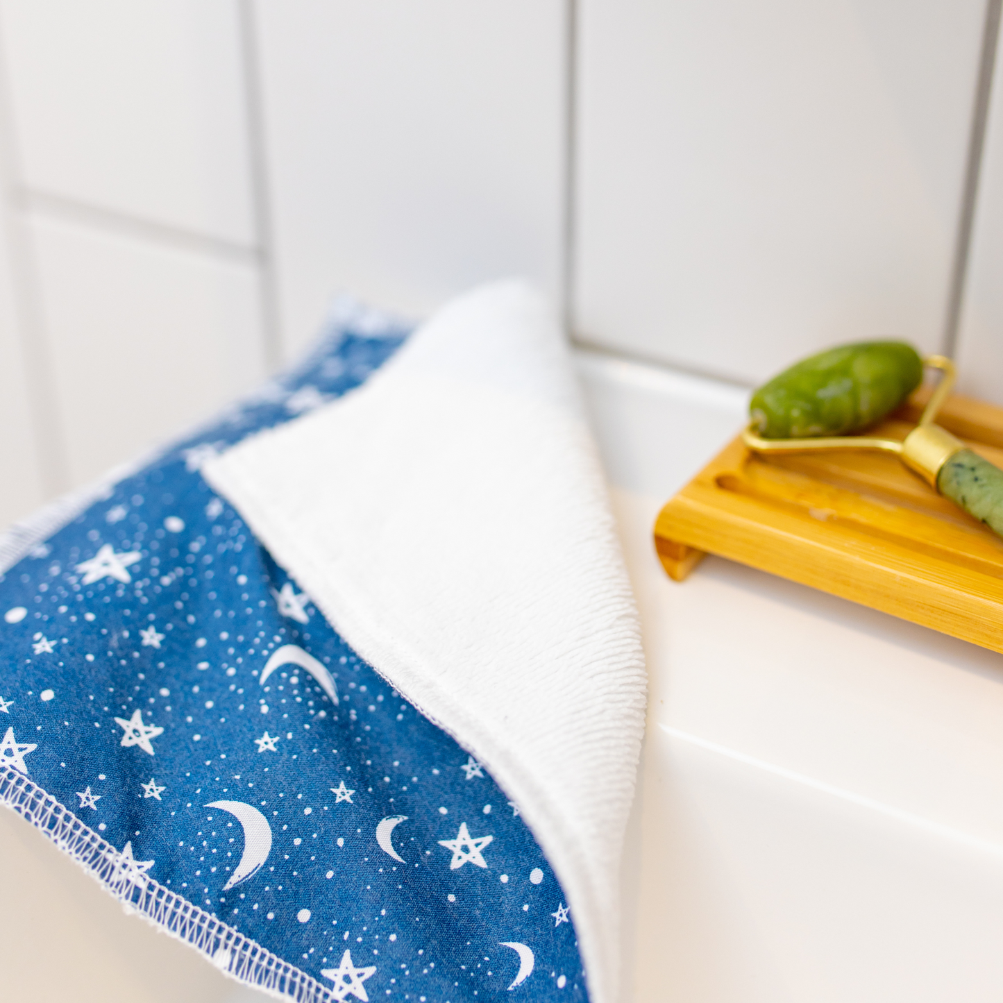 Celestial Blue Flannel in bathroom by sink