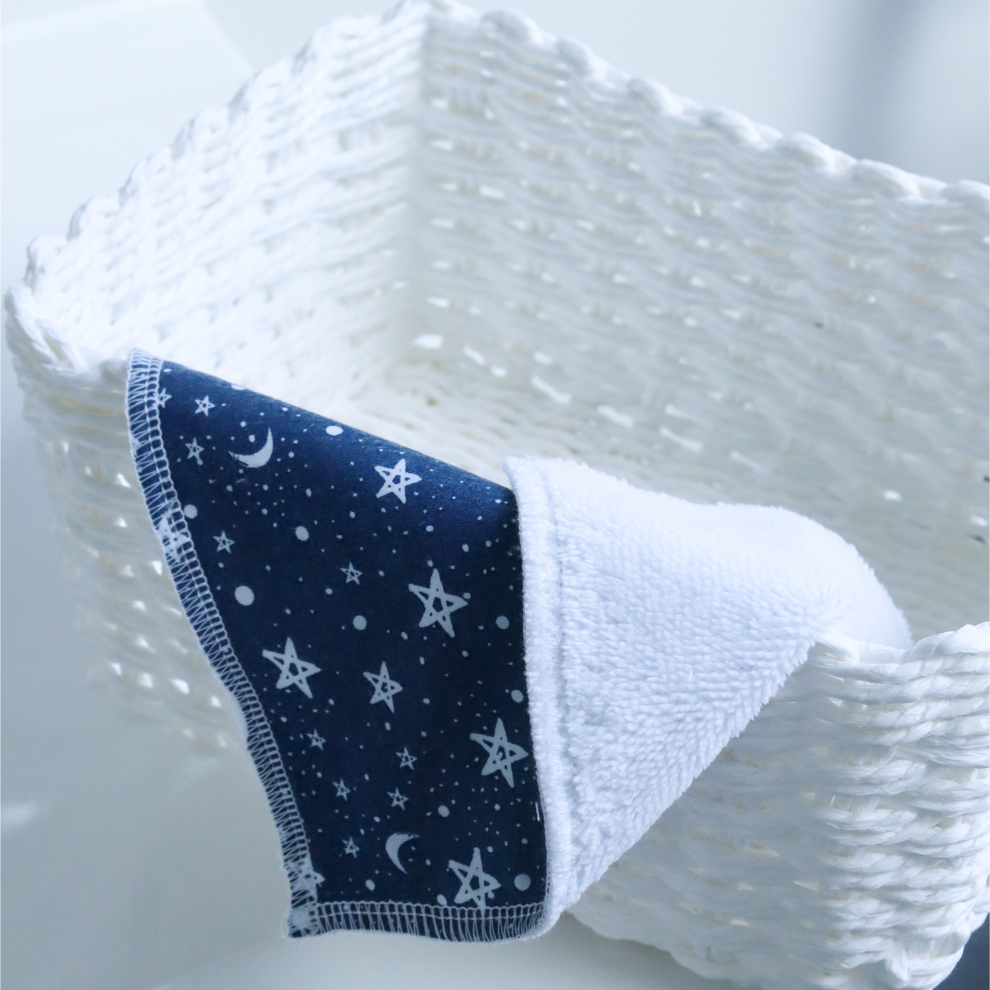 Celestial Blue Flannel in basket with super soft bamboo towelling
