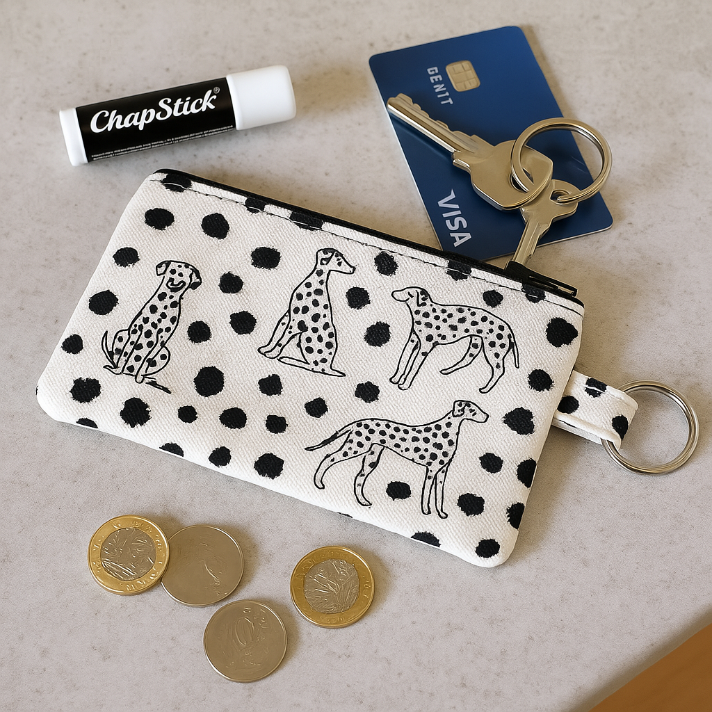 Dalmatian Coin Purse with money, keys and chapstick