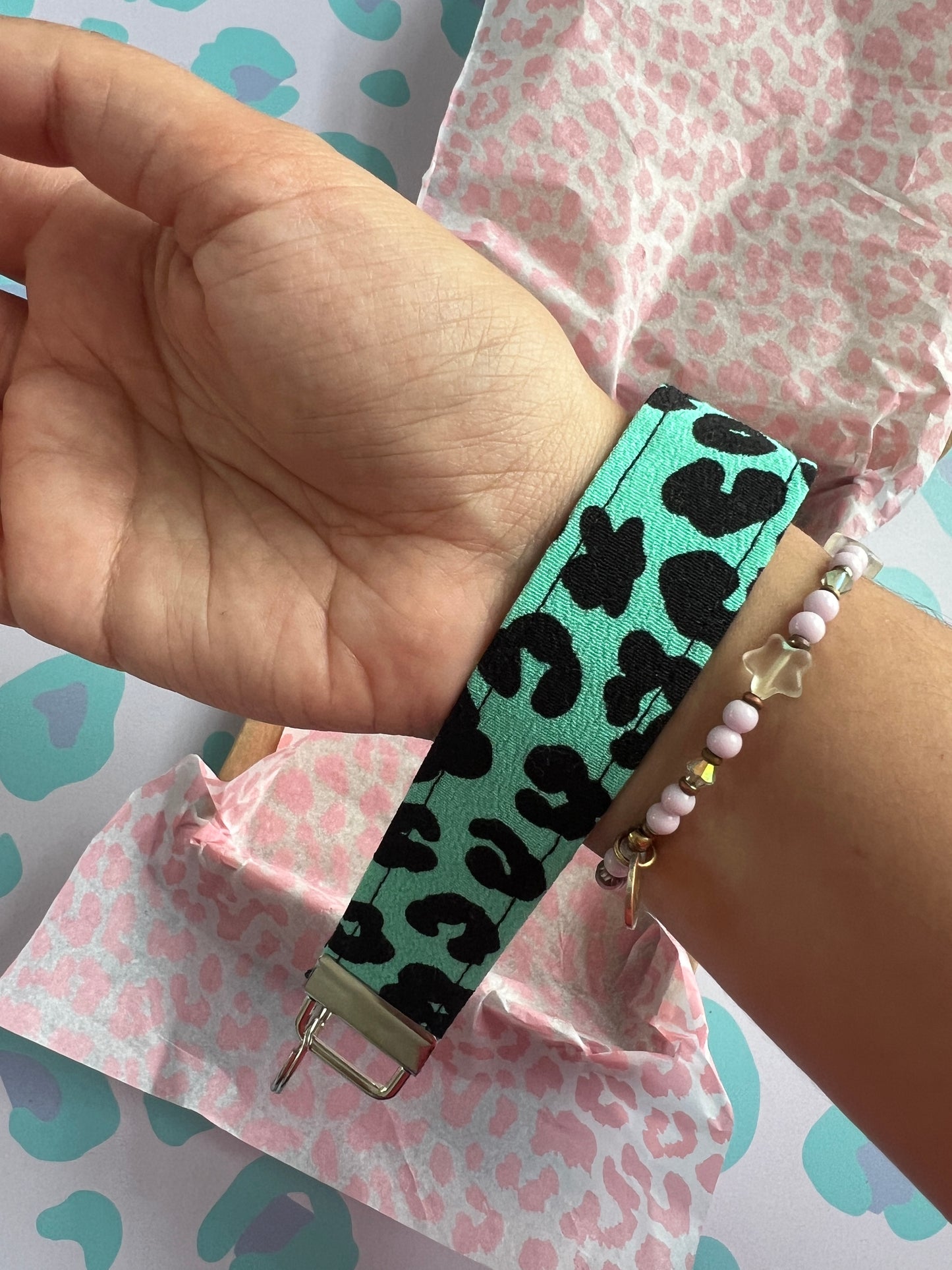 Green Floral Leopard Print Wristlet Keychain
