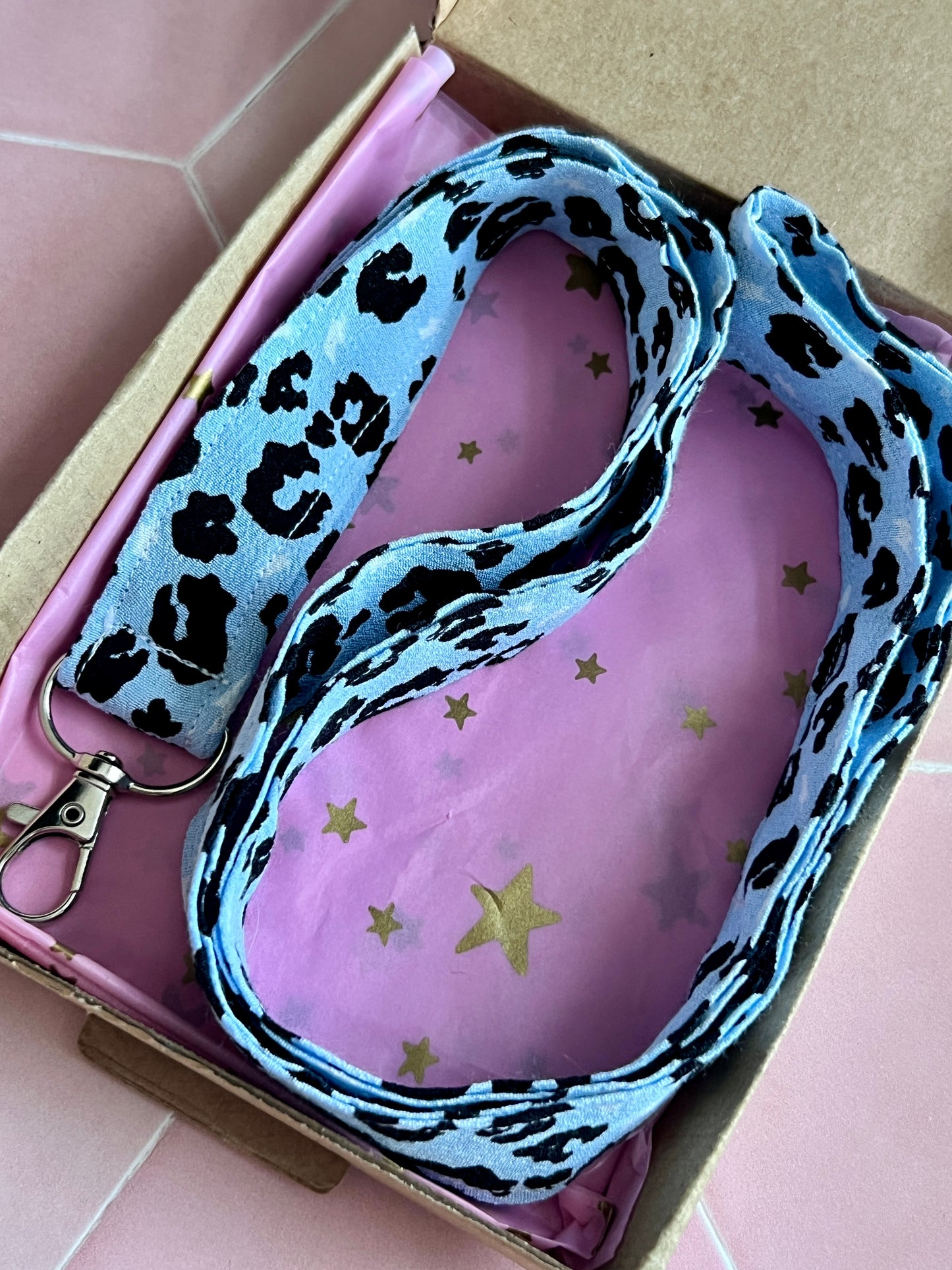 Light Blue Leopard Print Lanyard and Wristlet Keychain Bundle