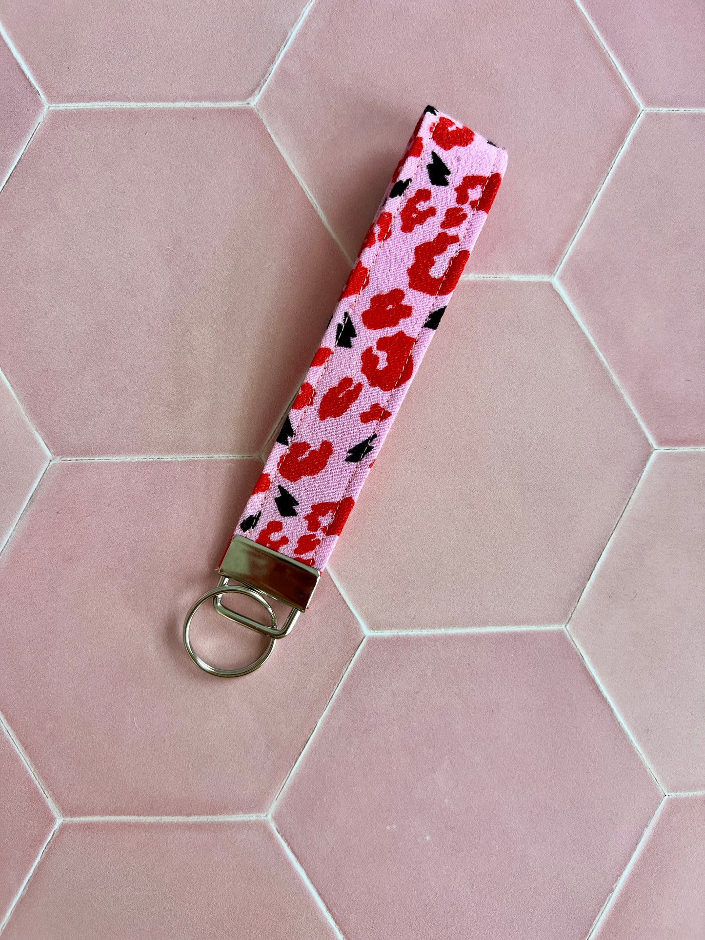 Pink and Red Leopard Print Wristlet Keychain