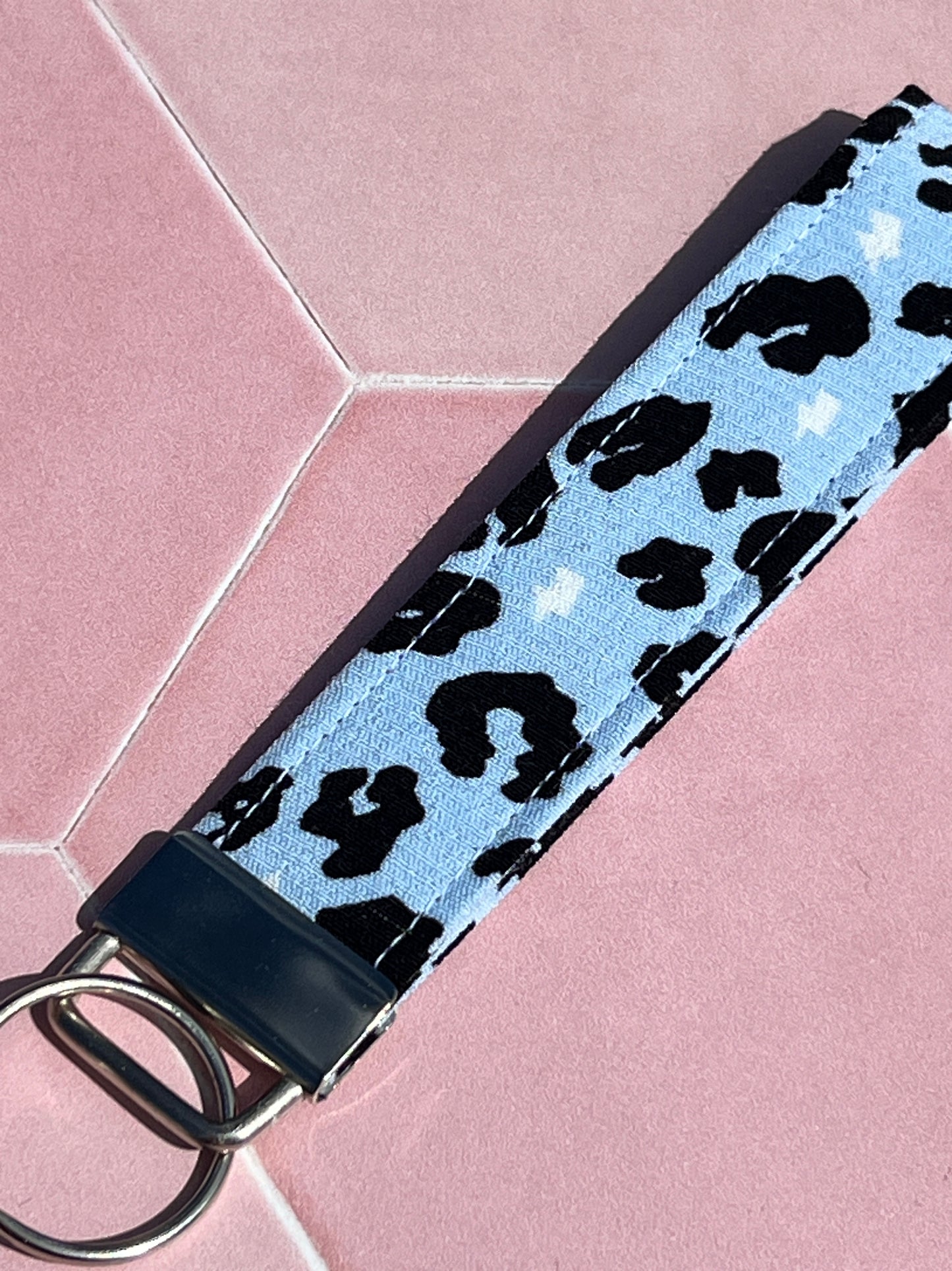 Light Blue Leopard Print Lanyard and Wristlet Keychain Bundle