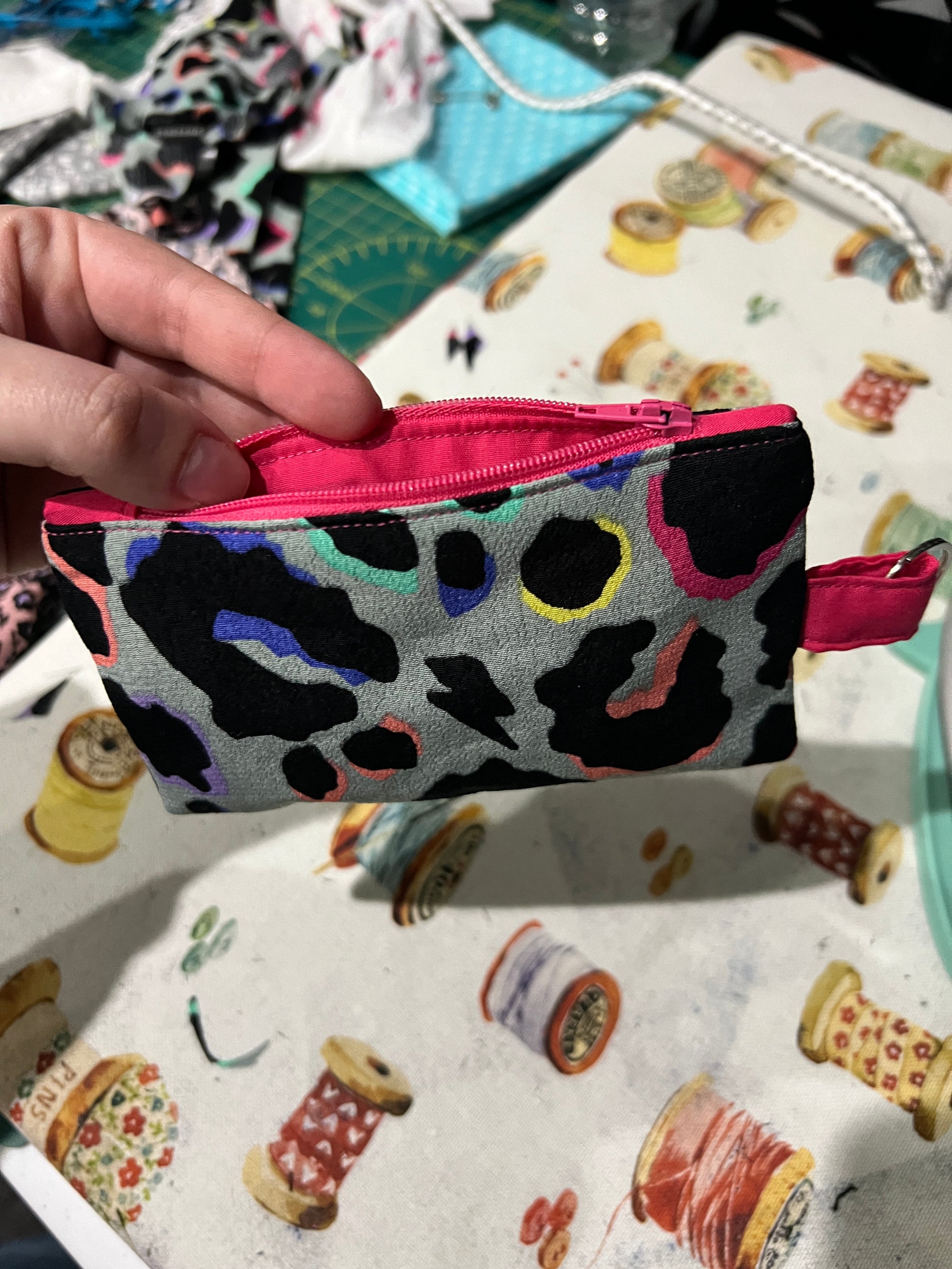 Khaki Rainbow Leopard Print Coin Purse with hot pink on the inside