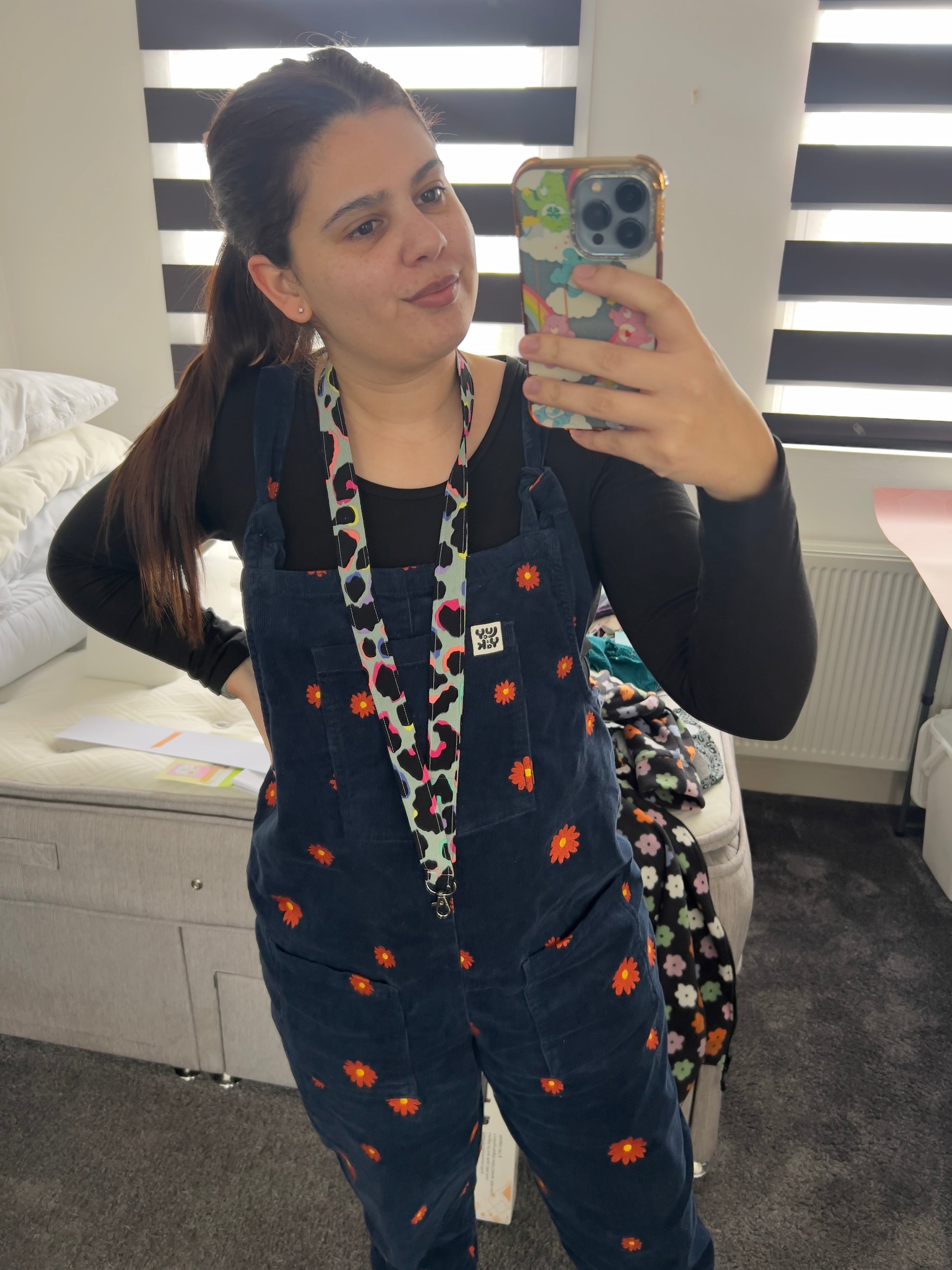 Khaki Rainbow Leopard Print Lanyard being worn by Sew Much Love owner Elana