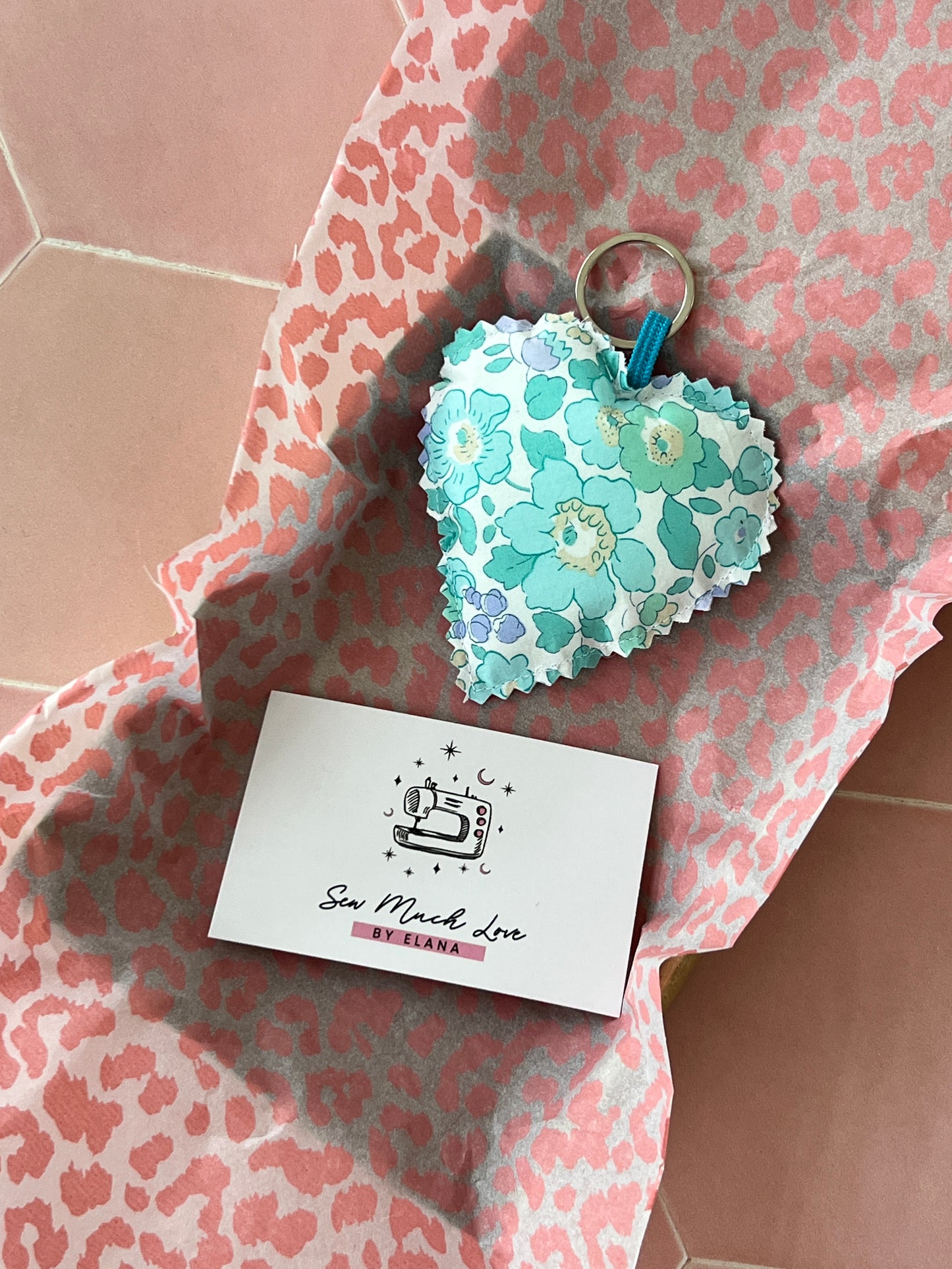 Liberty Blue Floral Heart Keyring in Sew Much Love packaging
