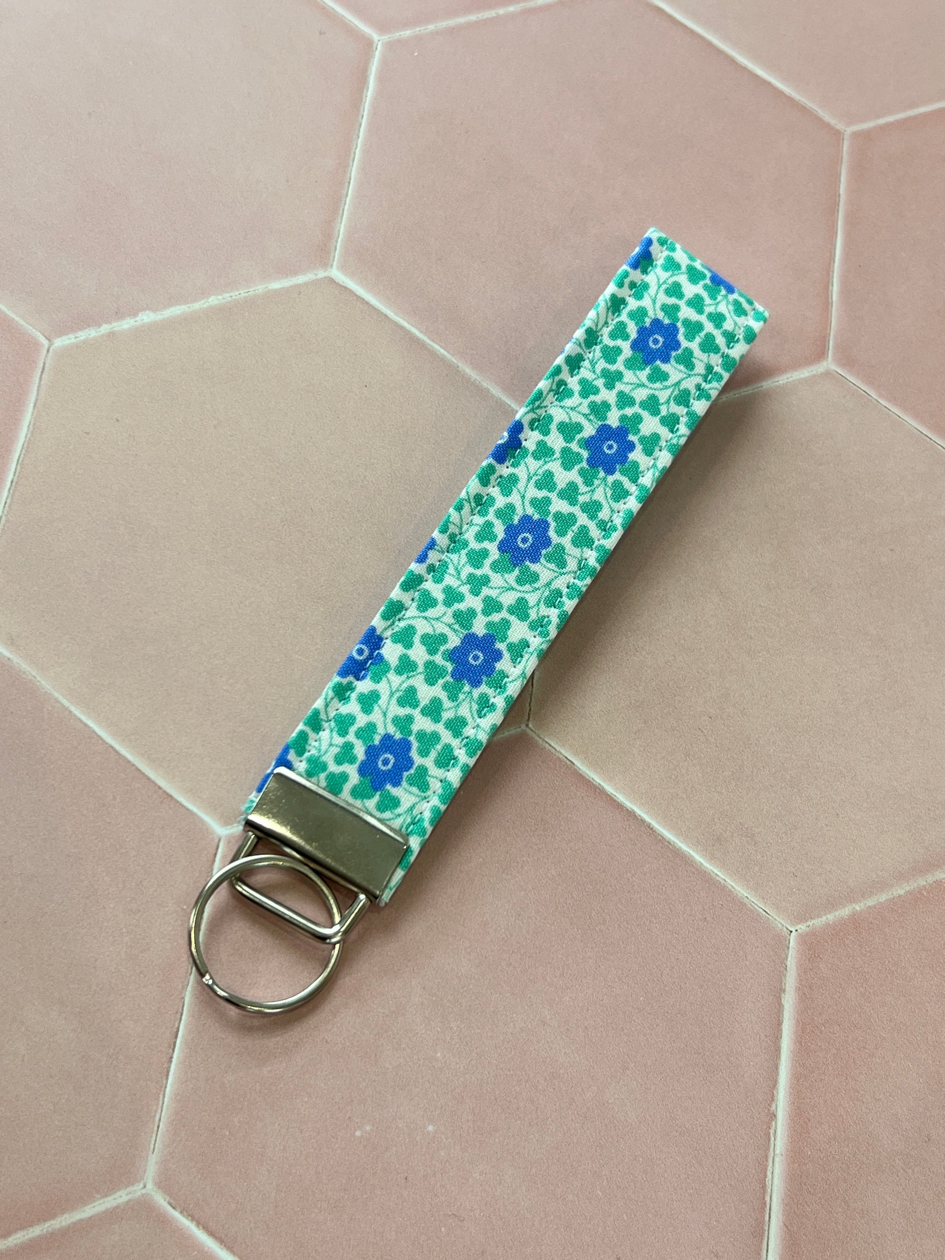 Liberty Blue and Green Flowers Wristlet Keychain, blue flowers with green leaves