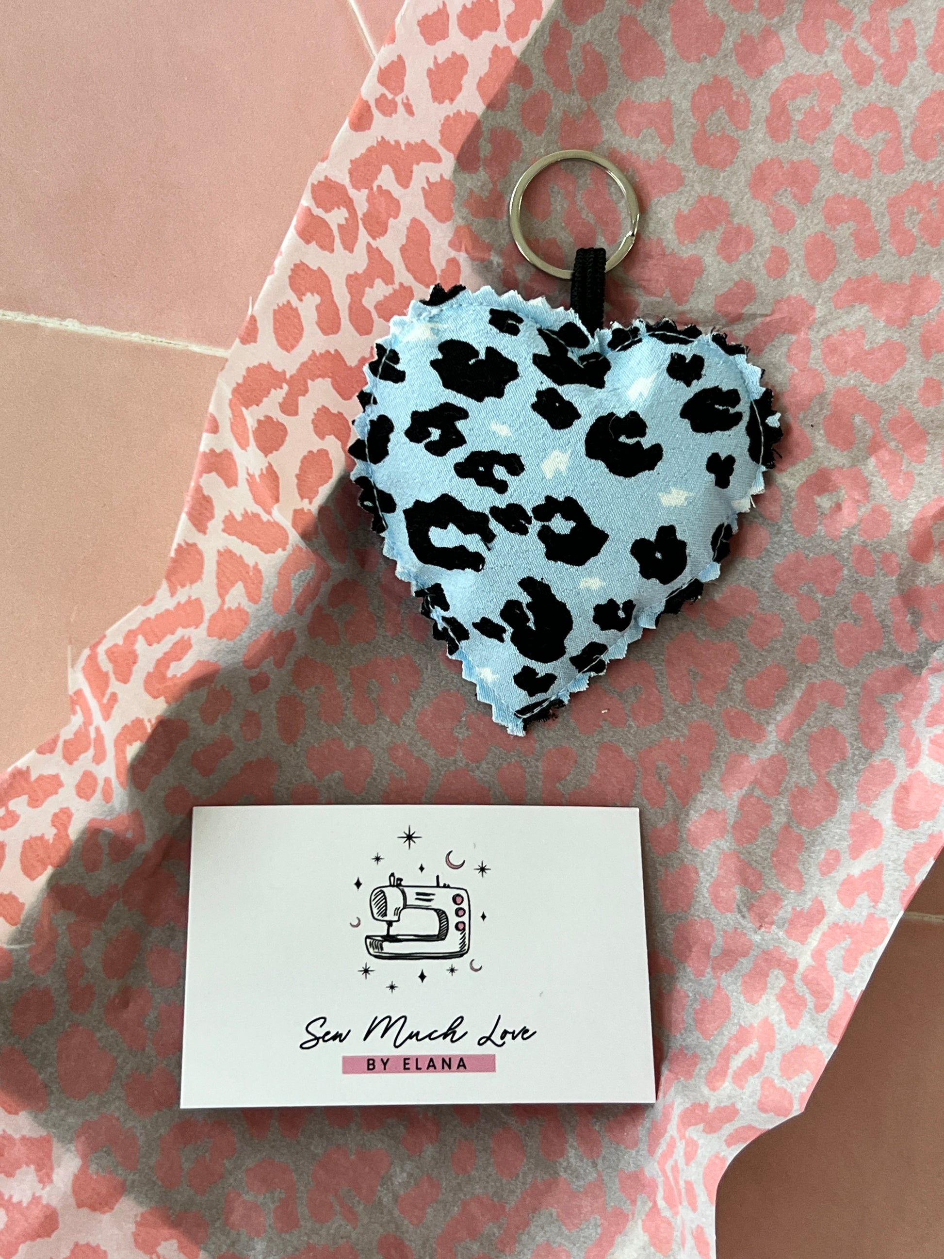 Light Blue Leopard Print Fabric Heart Keyring