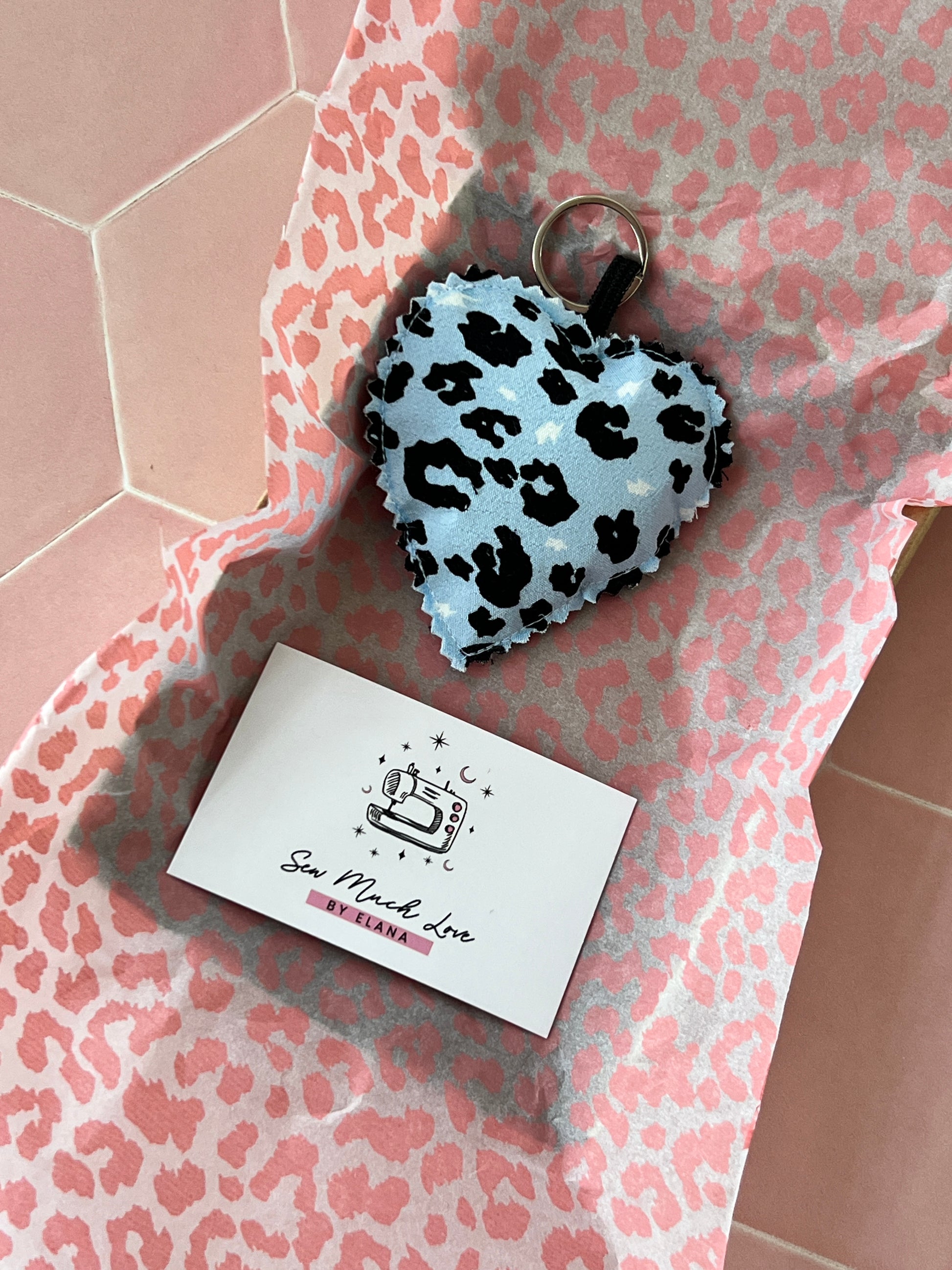 Light Blue Leopard Print Fabric Heart Keyring with Sew Much Love business card