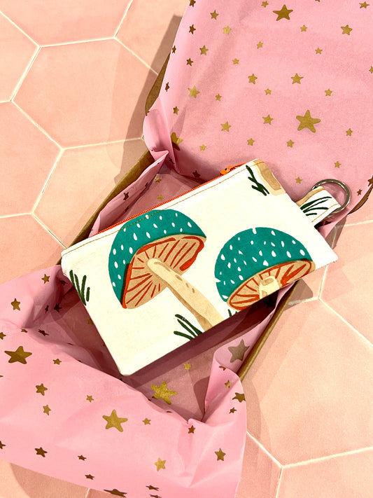 Light Teal Mushroom Block Print Coin Purse