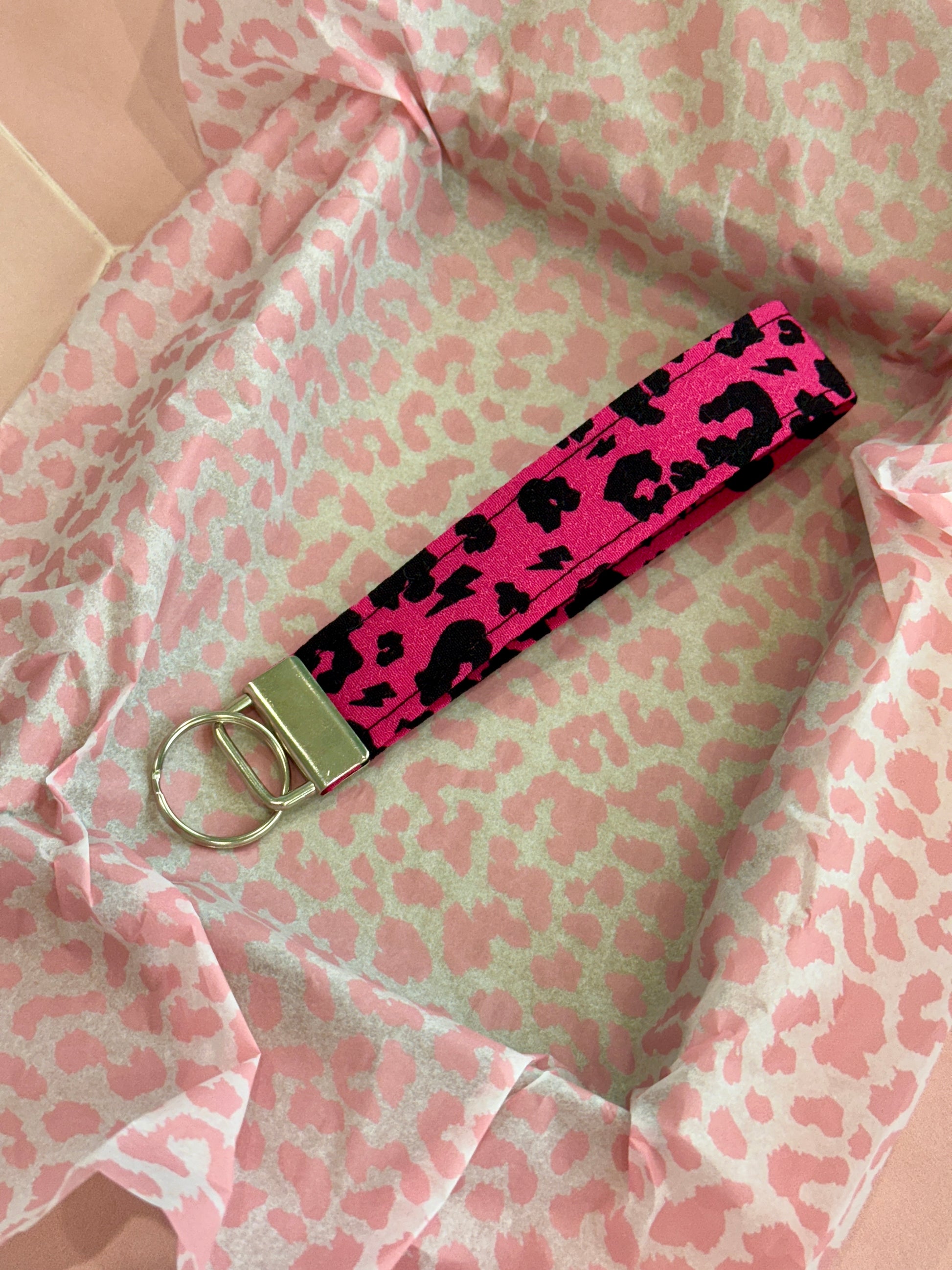 Pink Leopard Print Wristlet Keychain in box