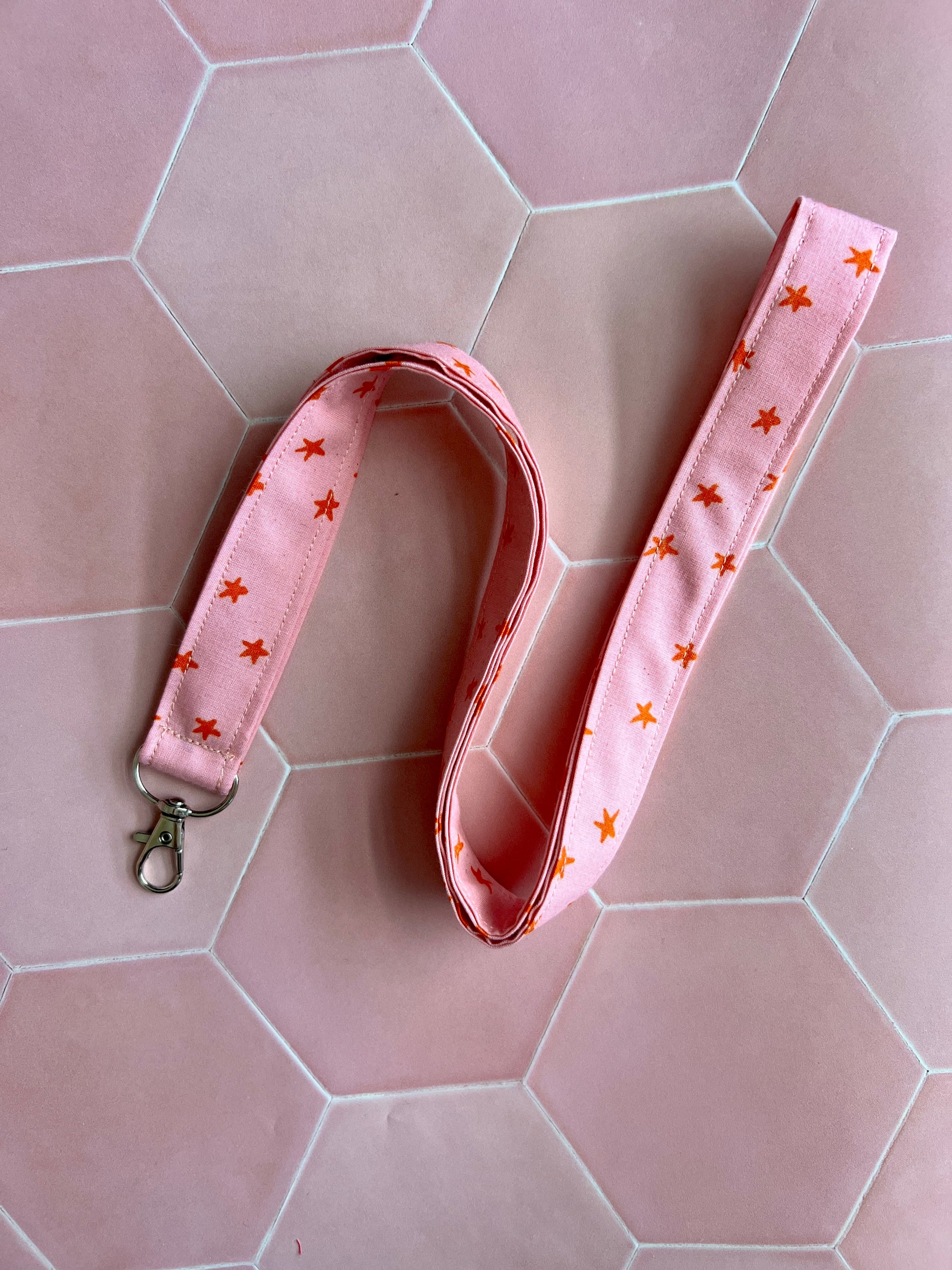 Handmade pink and orange starry lanyard with D-ring, fabric lanyard for keys and ID badges, small business accessories UK