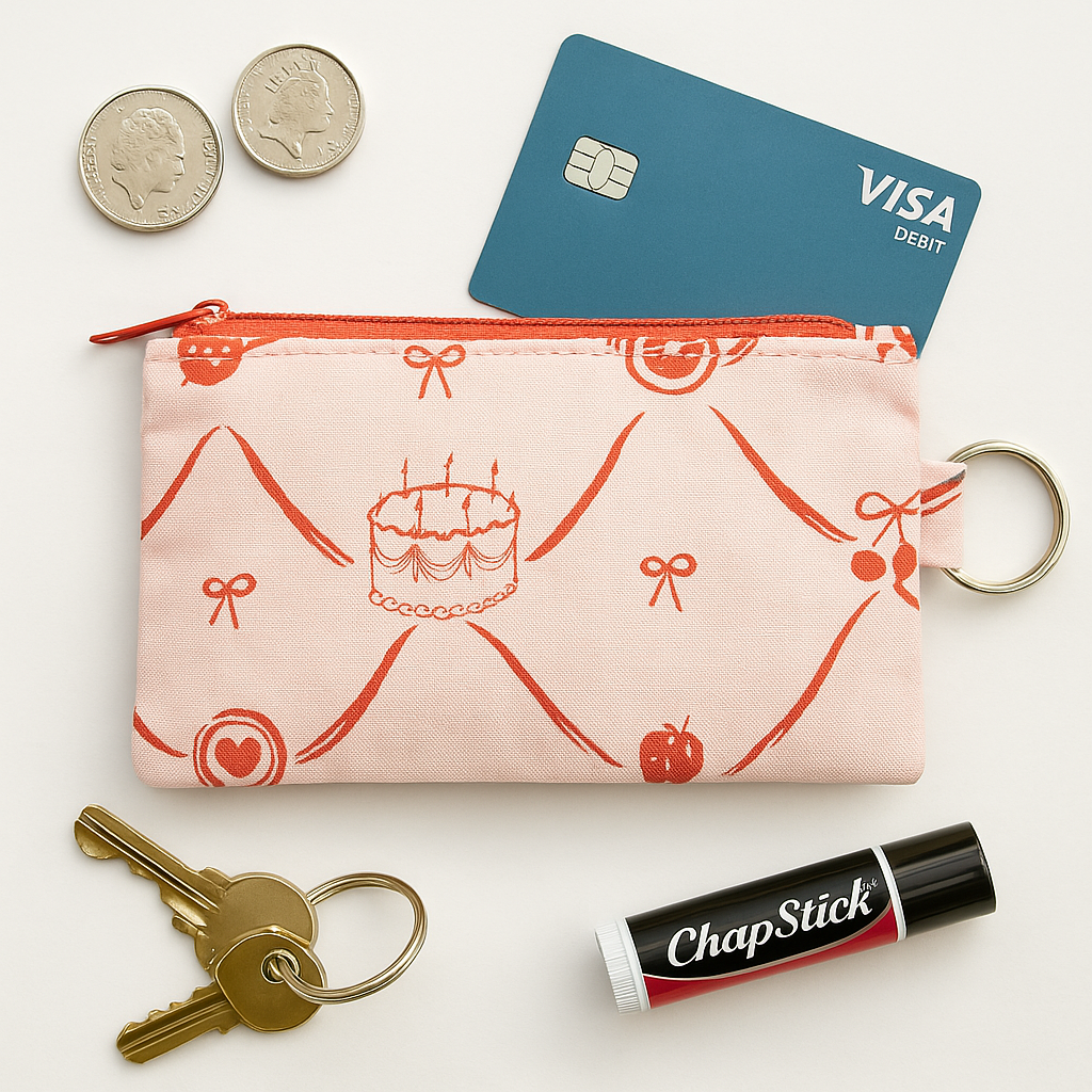 Sew Much Love Cake and Bow Coin Purse with keys, money and chapstick