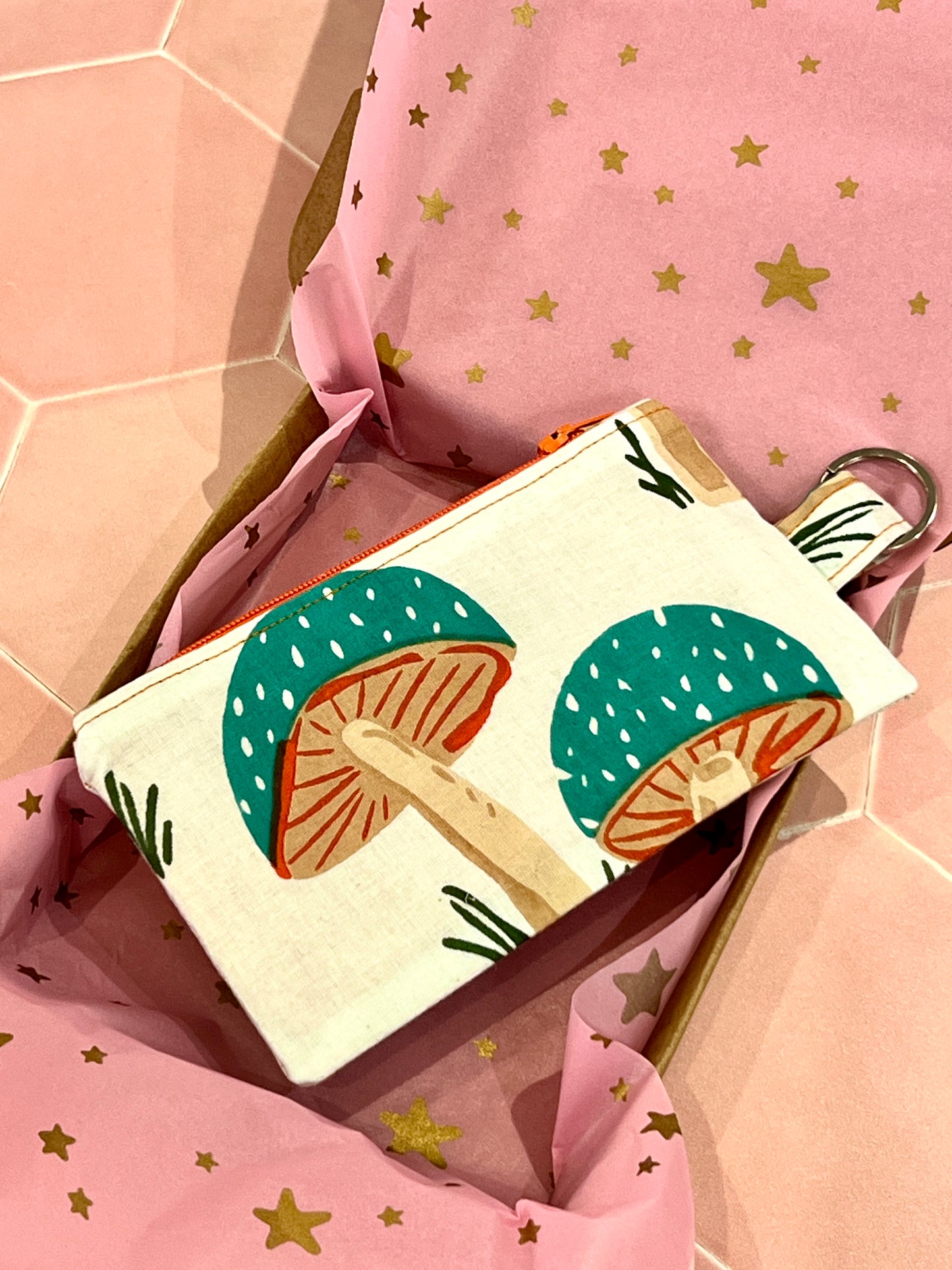 Sew Much Love Light Teal Mushroom Block Print Coin Purse