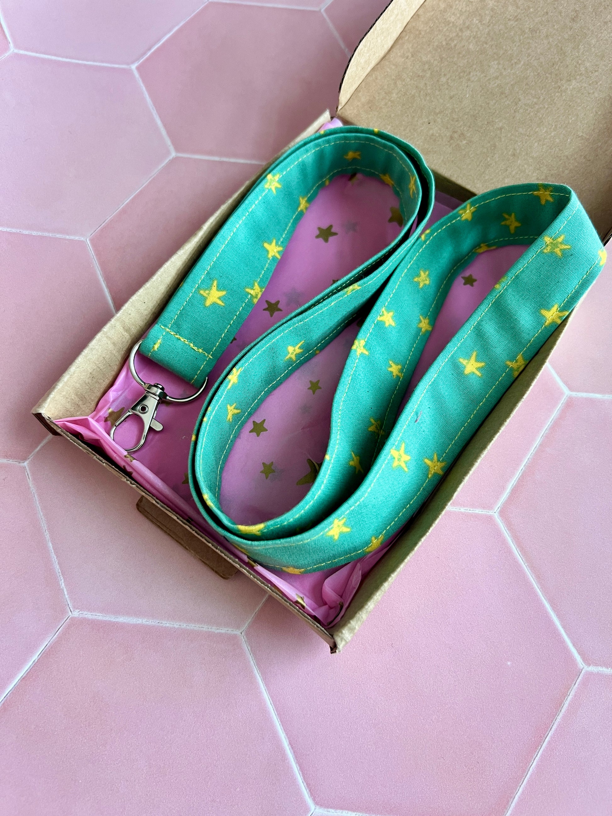 Gift-wrapped green star fabric lanyard with D-ring, handmade for teachers, students, and busy professionals, UK accessories