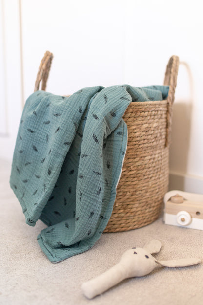 Blue Feather Baby Muslin Blanket