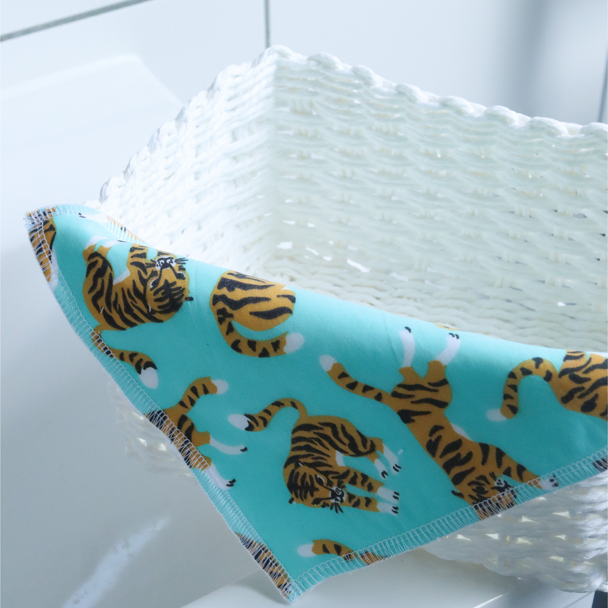 Blue Tiger Flannel in a basket