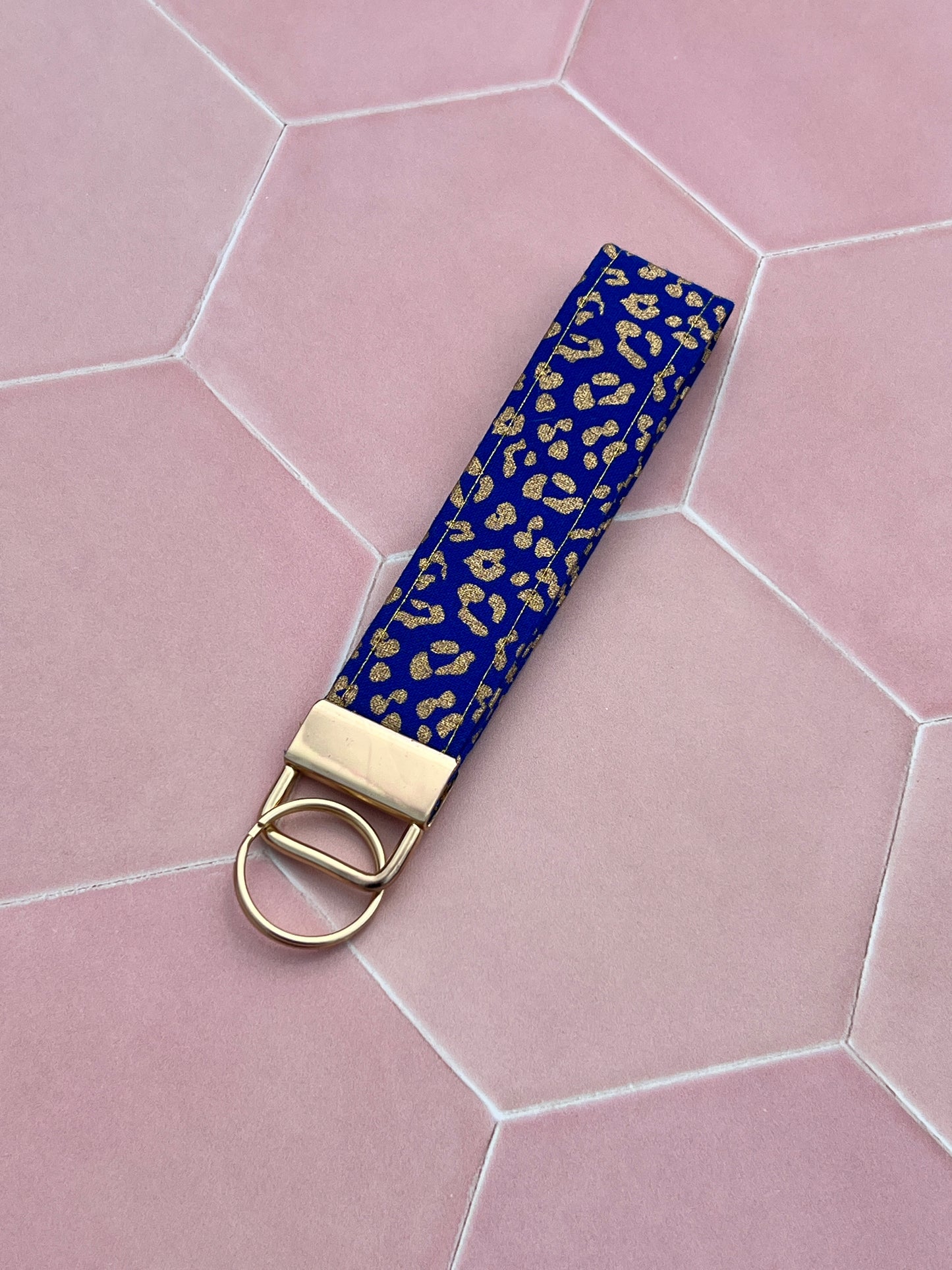 Blue and Gold Leopard Print Wristlet Keychain