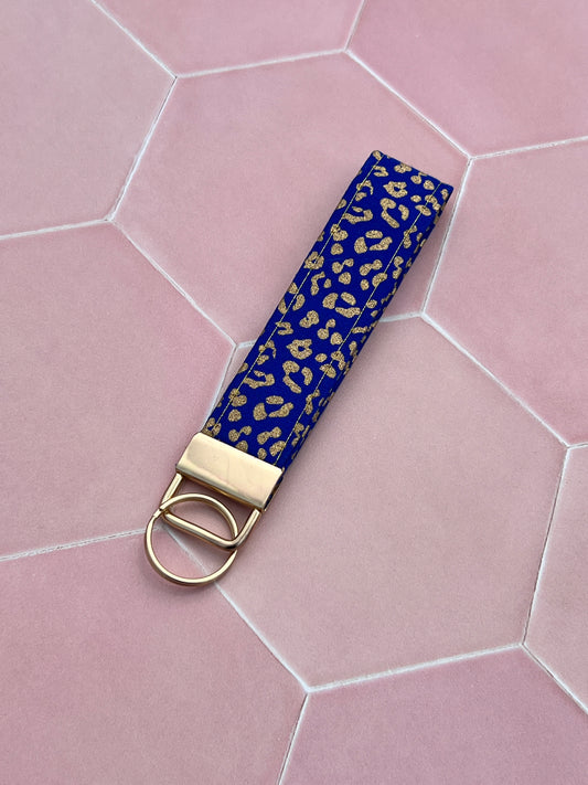 Blue and Gold Leopard Print Wristlet Keychain