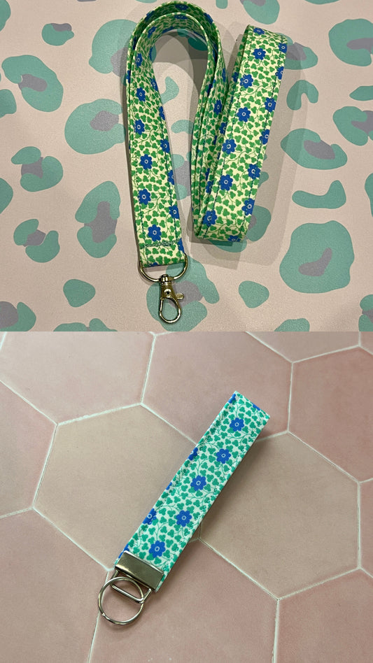 Liberty Blue and Green Flowers Wristlet Keychain and Lanyard