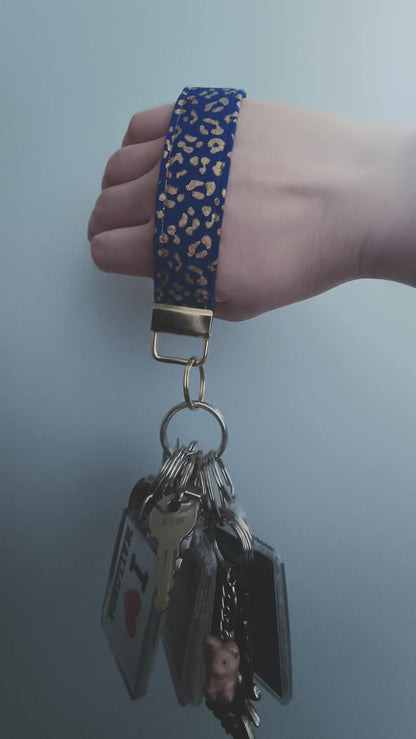 Blue and Gold Leopard Print Wristlet Keychain