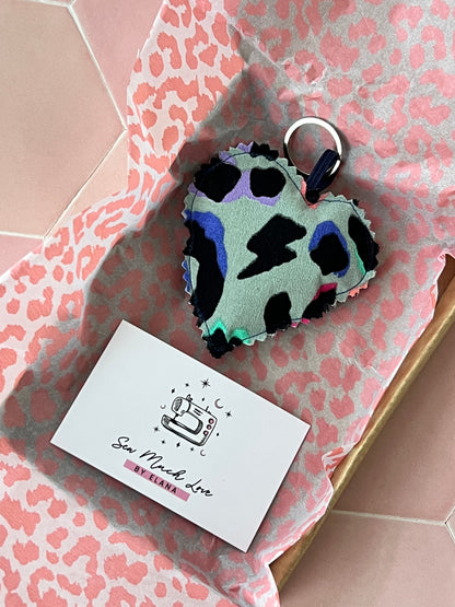 Khaki Rainbow Leopard Print Fabric Heart Keyring