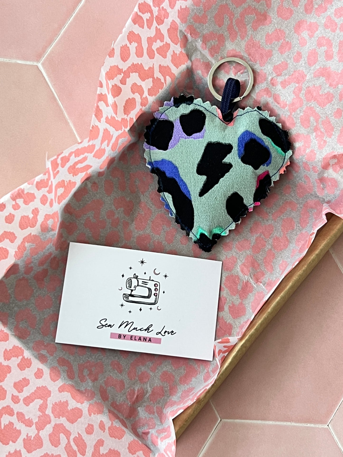 Khaki Rainbow Leopard Print Fabric Heart Keyring with Sew Much Love business card