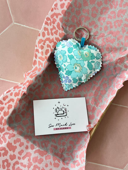 Liberty Blue Floral Heart Keyring with Sew Much Love business card