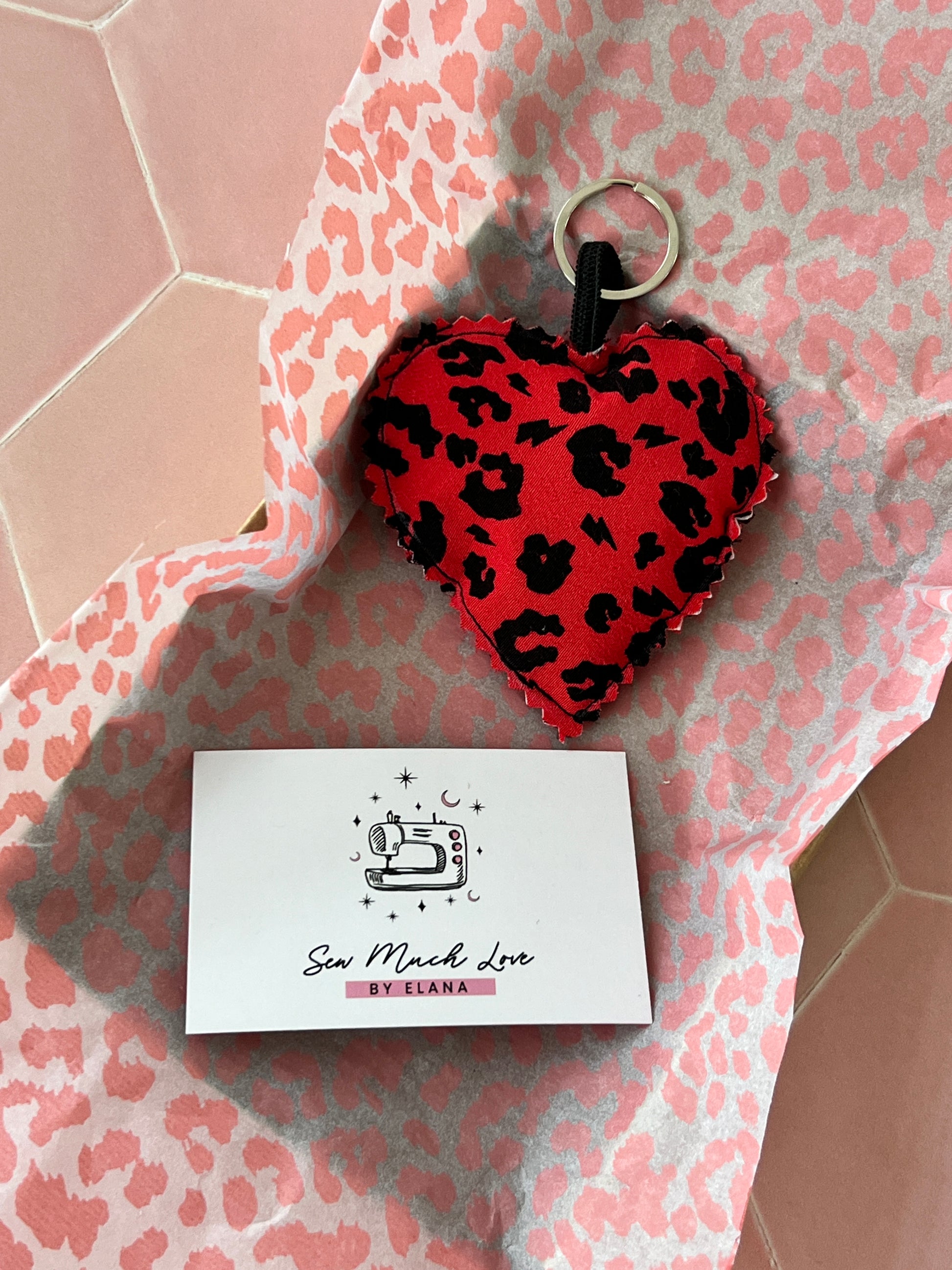 Red Leopard Print Fabric Heart Keyring in Sew Much Love packaging