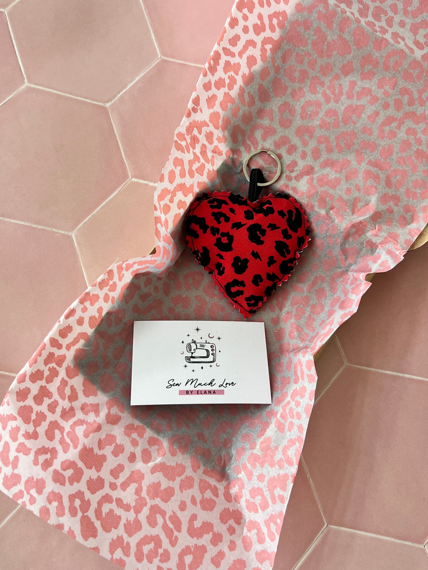 Red Leopard Print Fabric Heart Keyring