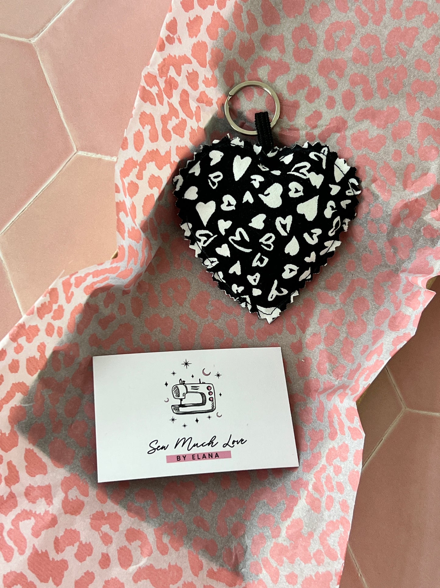 Black & White Hearts Fabric Heart Keyring