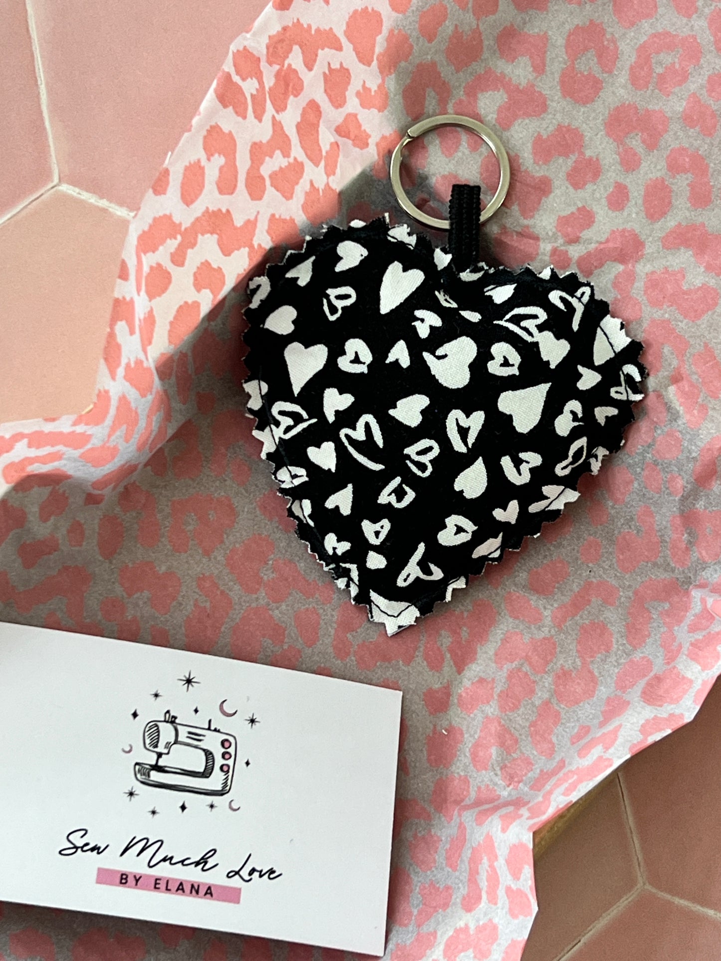 Black & White Hearts Fabric Heart Keyring in Sew Much Love packaging