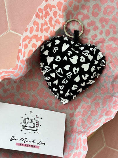 Black & White Hearts Fabric Heart Keyring in Sew Much Love packaging