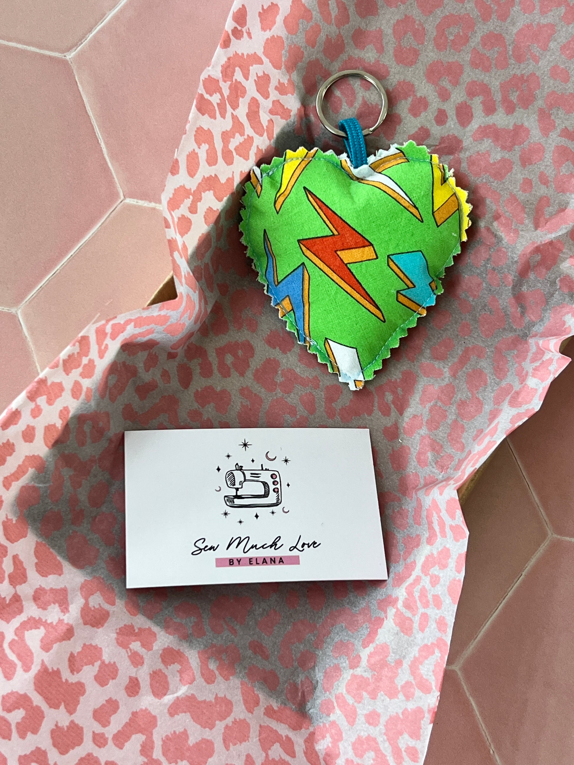 Green Thunderbolt Fabric Heart Keyring