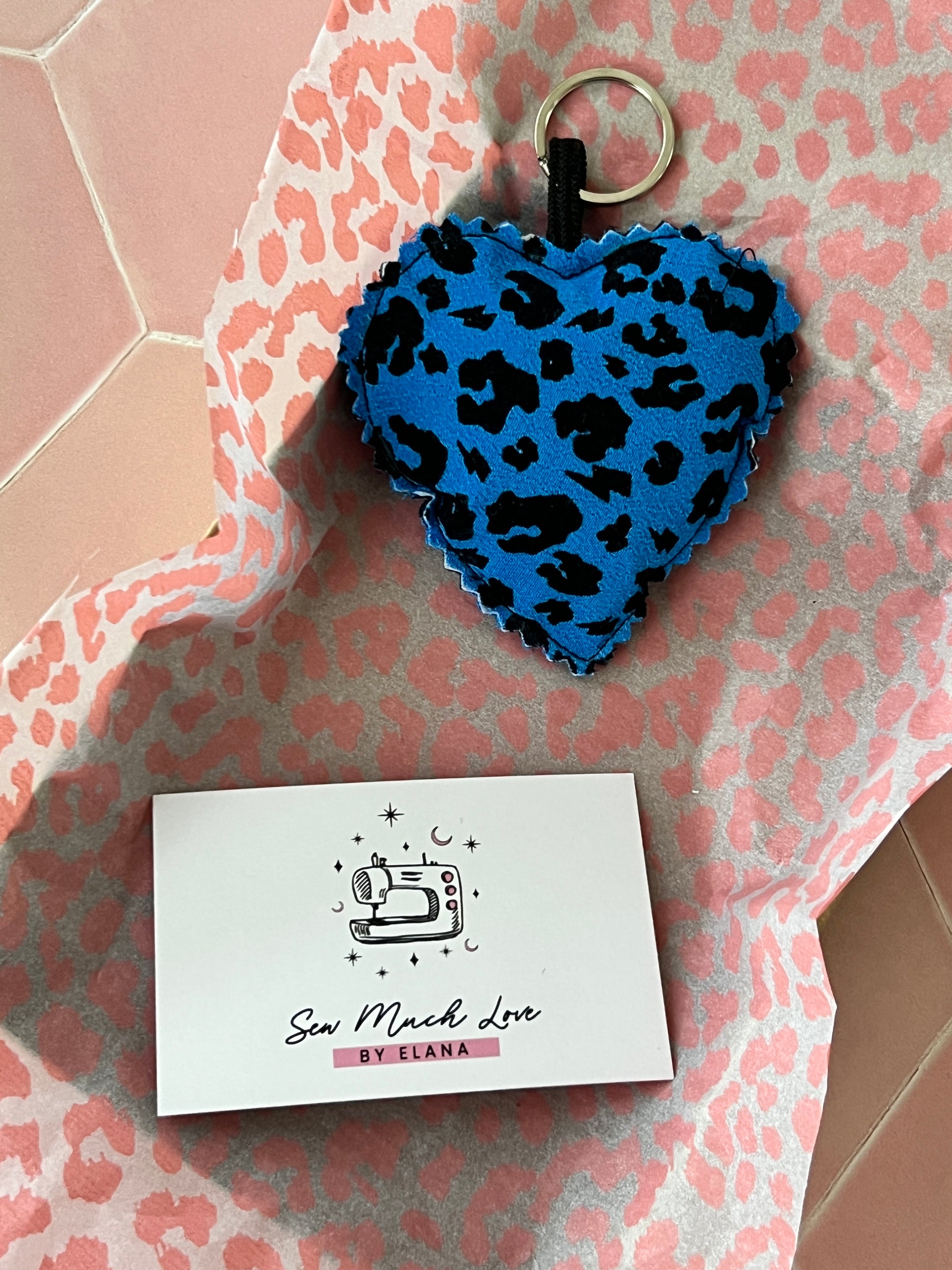 Blue Leopard Print Fabric Heart Keyring in Sew Much Love packaging