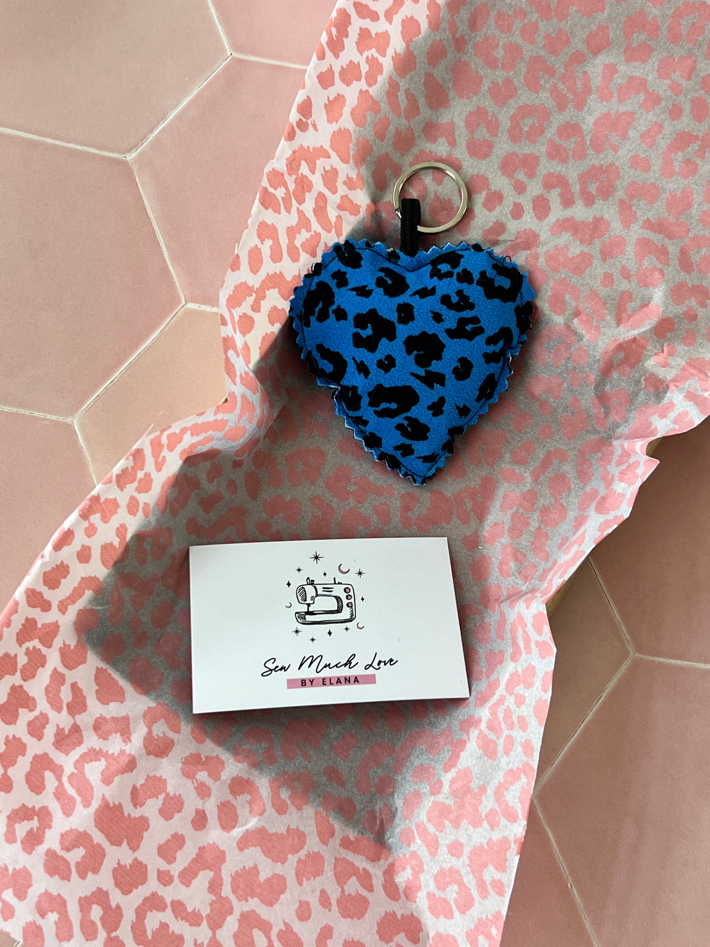 Blue Leopard Print Fabric Heart Keyring with Sew Much Love business card