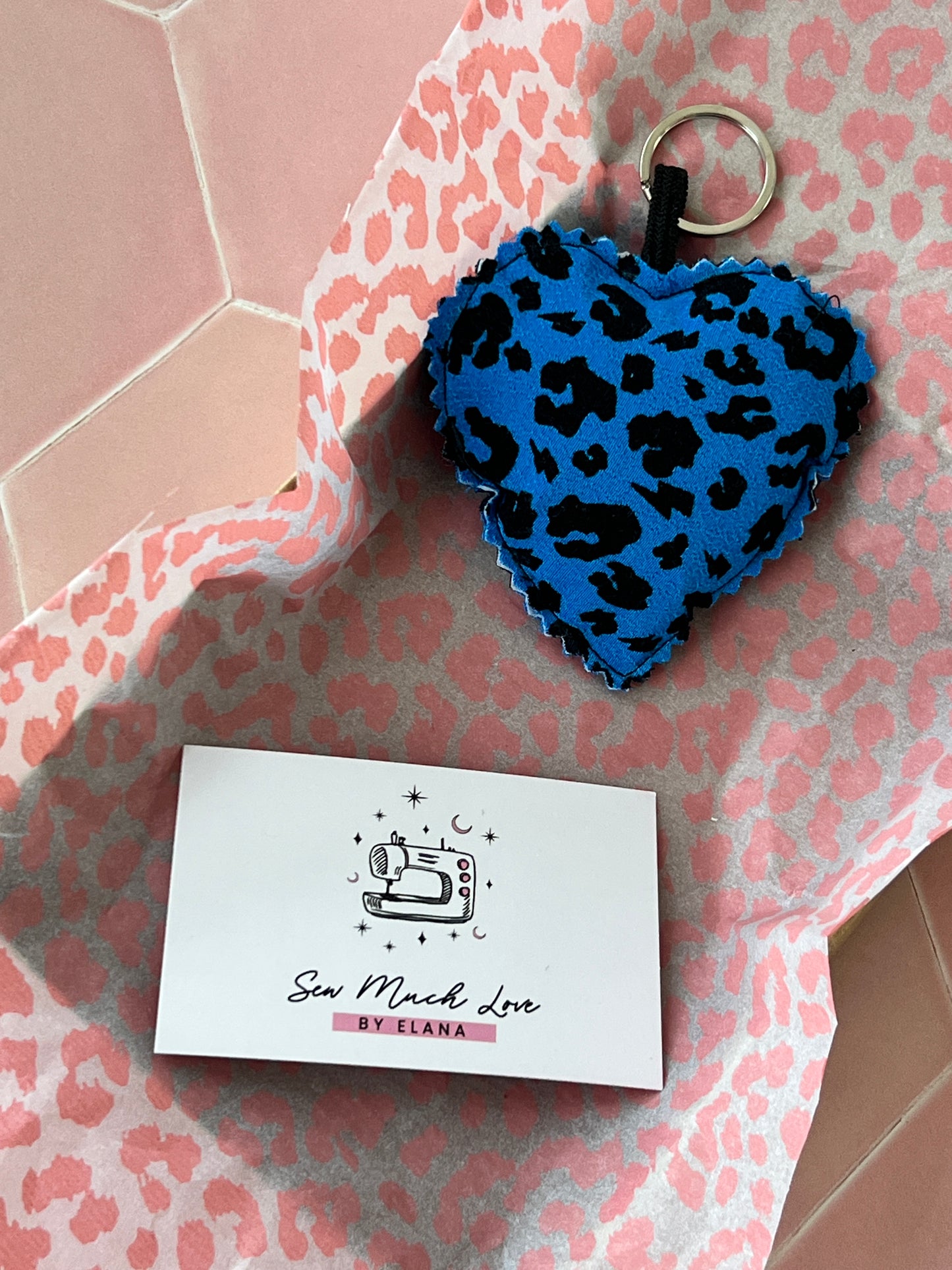 Blue Leopard Print Fabric Heart Keyring