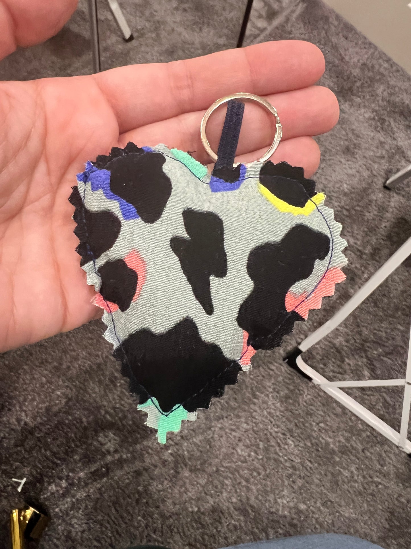 Khaki Rainbow Leopard Print Fabric Heart Keyring