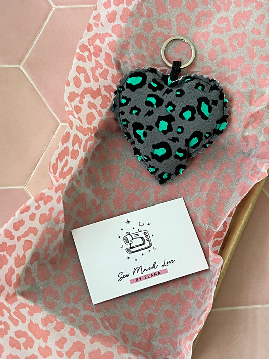 Snow Leopard Print Fabric Heart Keyring