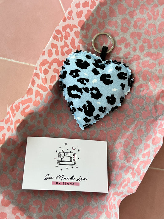 Light Blue Leopard Print Fabric Heart Keyring