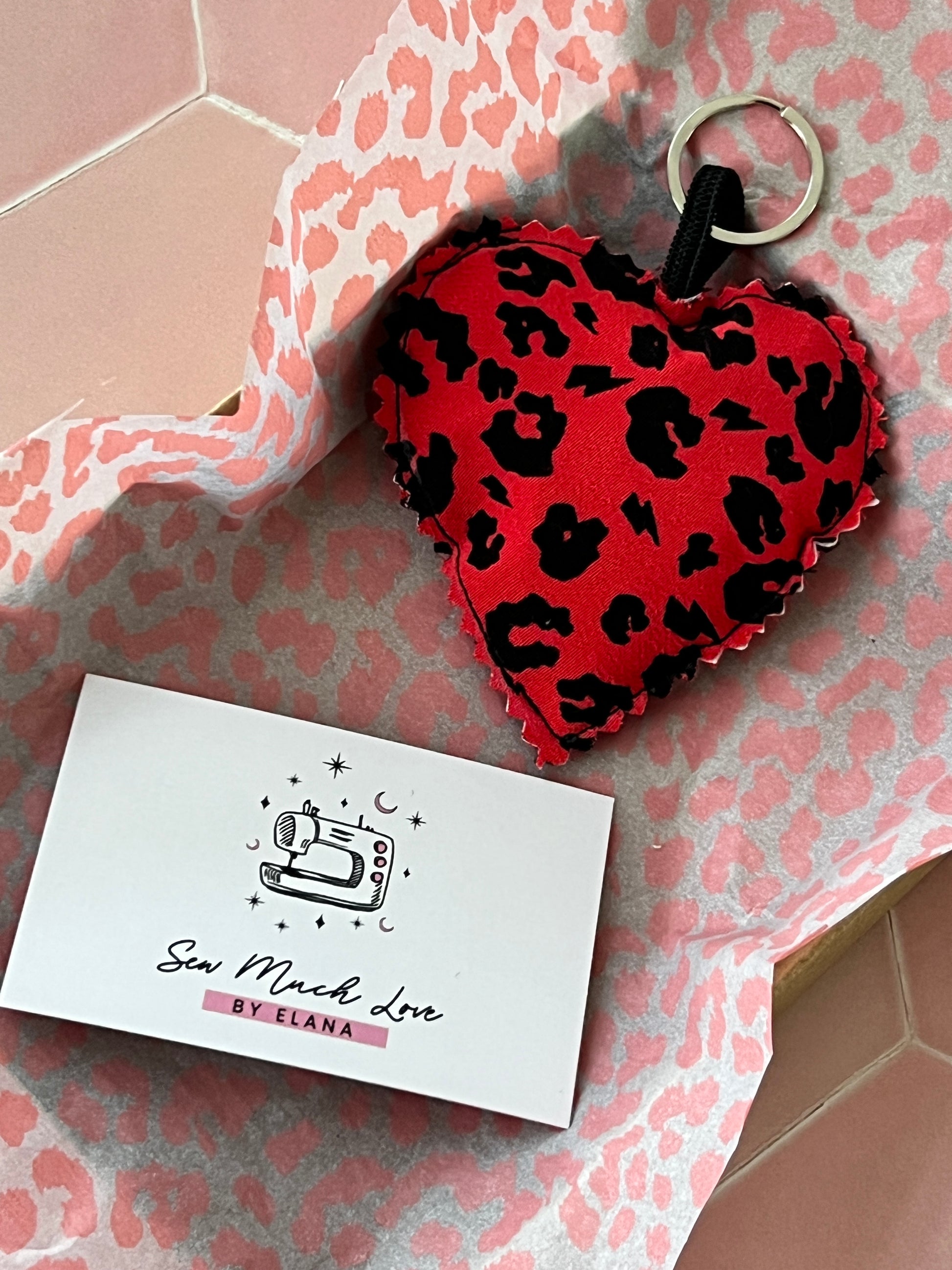 Red Leopard Print Fabric Heart Keyring