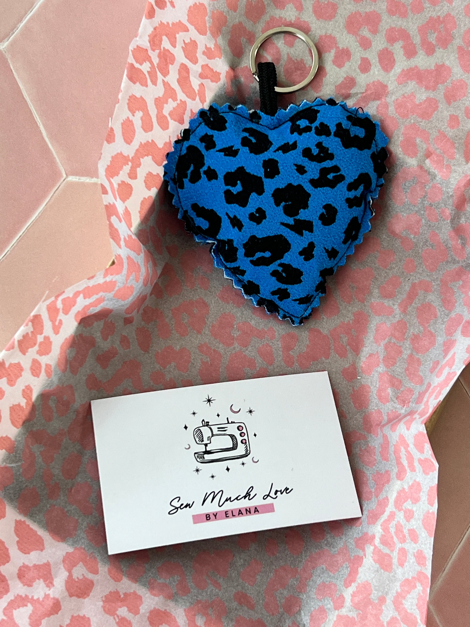 Blue Leopard Print Fabric Heart Keyring