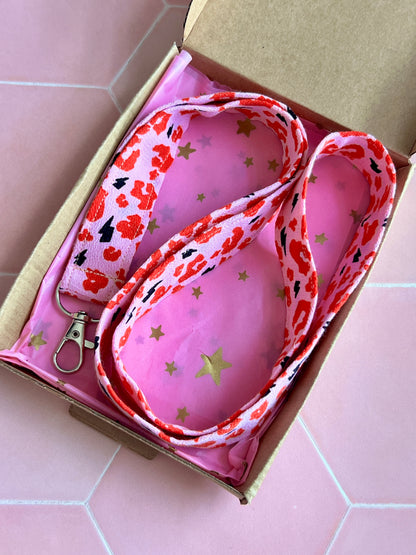 Pink and Red Leopard Print Wristlet Keychain and Lanyard Bundle