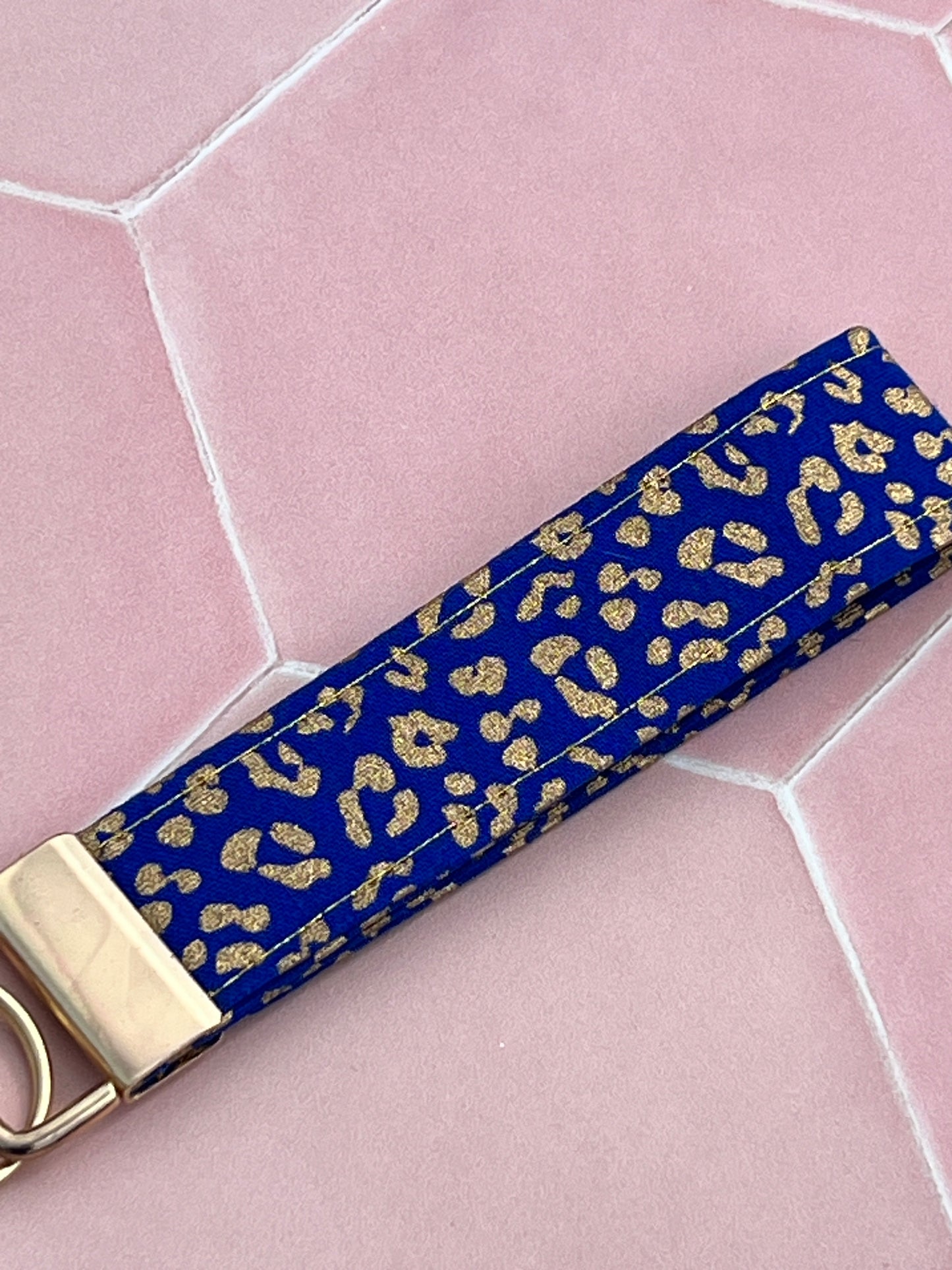 Blue and Gold Leopard Print Wristlet Keychain