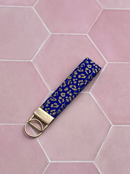 Blue and Gold Leopard Print Wristlet Keychain