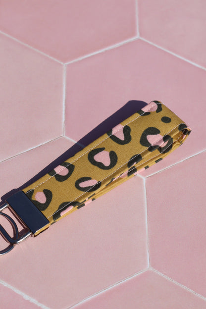 Mustard and pink leopard print wristlet keychain